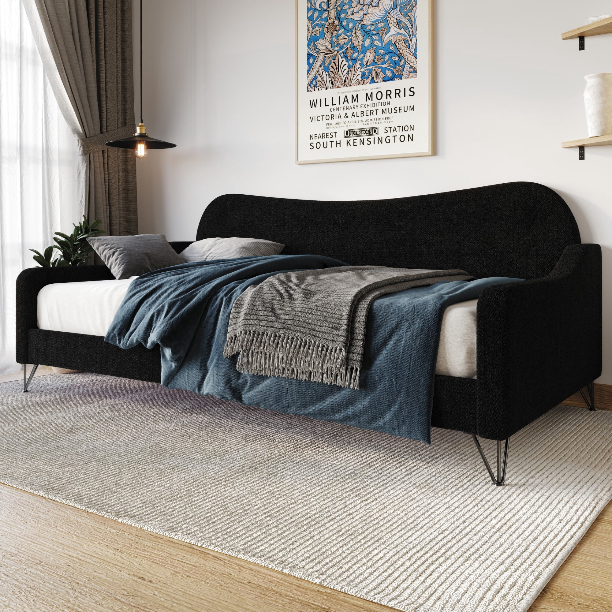 Home Design Natty Twin Daybed with Upholstered Frame, Elegant Backrest and Arms, Black Metal Legs, Stylish Seating and Sleeping Solution, Black