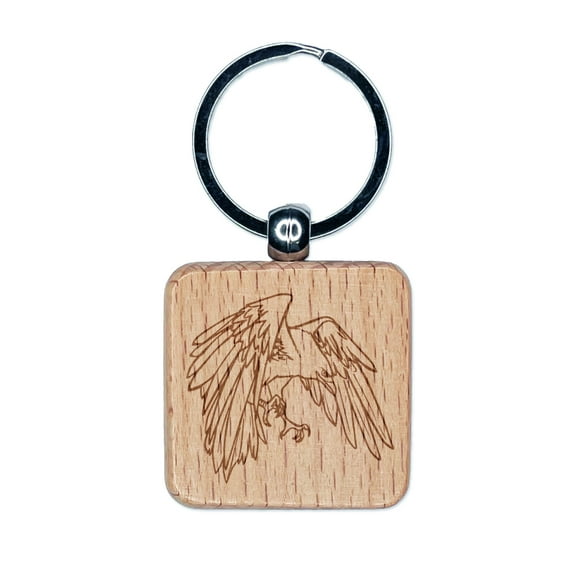 Bird Crow Raven Flying Landing Square Keychain Charm Tag - Engraved Wood