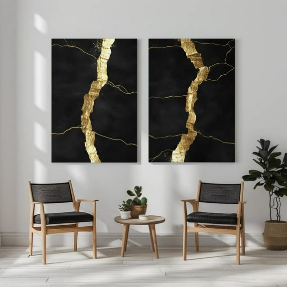 UNFFRAMED Set Of 2 Black And Gold Wall Art, Kintsugi Inspired Poster Diptych, Abstract Luxury Decor For Modern Living Room Or Office Set 2 Prints 8x12