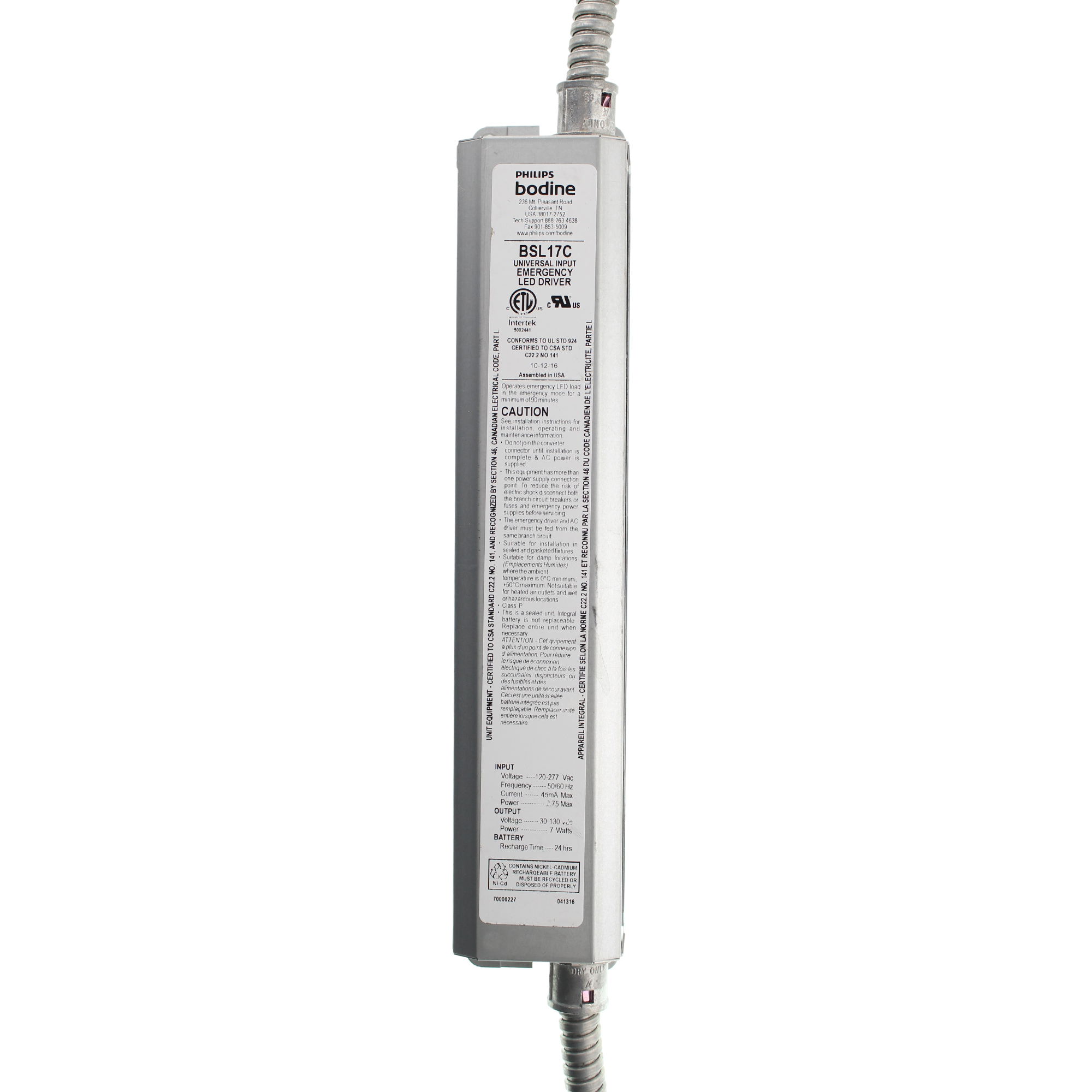 Bodine BSL17C Emergency LED Driver / Ballast, 120/277V, 200mA, 7W, Max