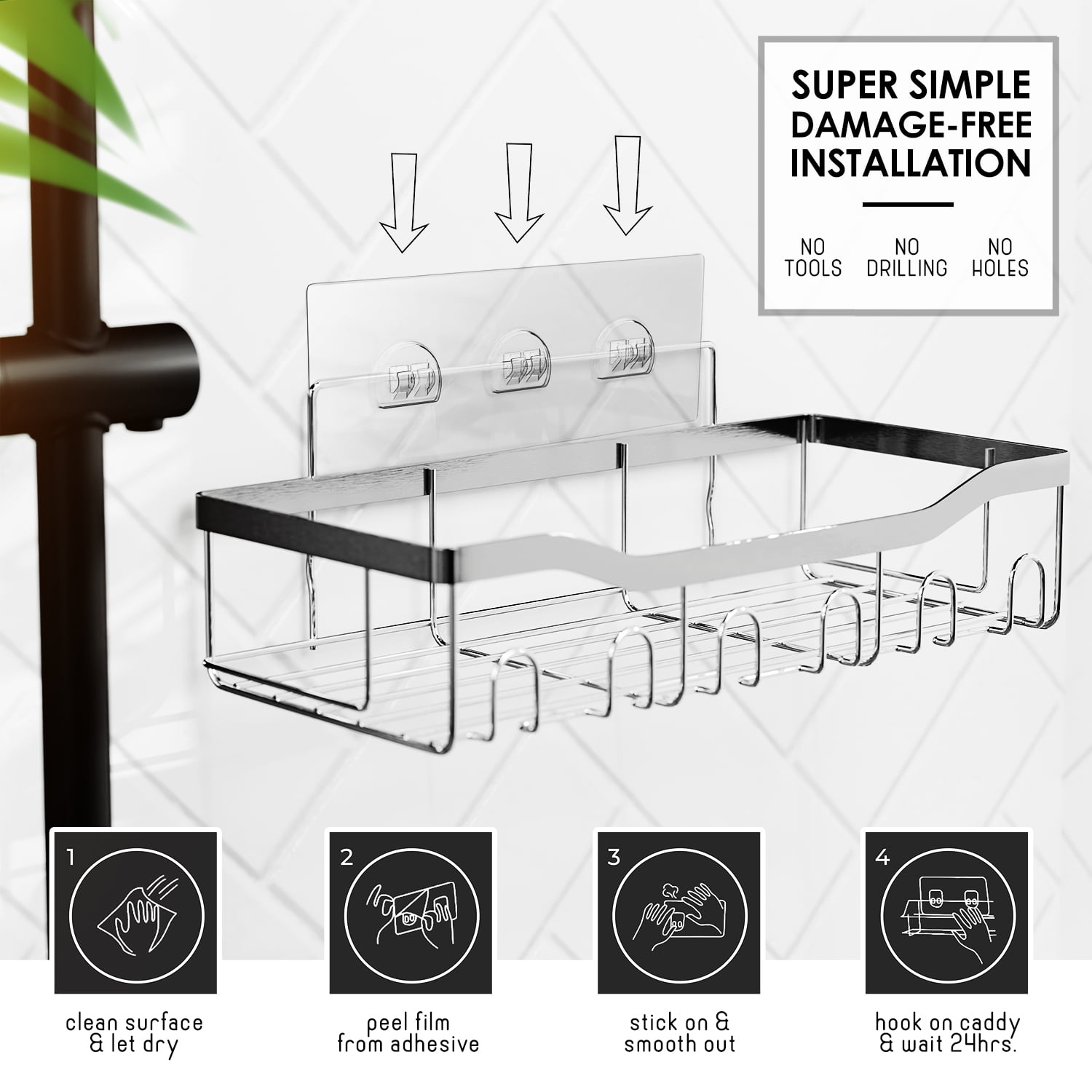 Virtu 5 Pack Adhesive Steel Shower Caddy Organizer, Heavy Duty Stainless Steel Rustproof Shower Caddy, Silver Chrome