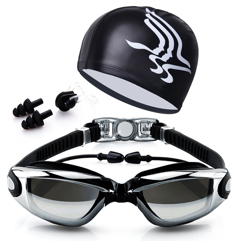 Cap Case+Nose Clip+Ear Plugs USA Adult Swimming Glasses Anti Fog Swim Goggles 