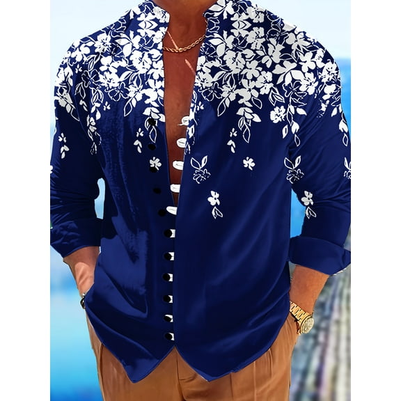 Mens Long Sleeve Shirt Floral Button Down Collared Loose Fit Casual Vintage Hippie Summer Breathable Shirts Blue 3XL