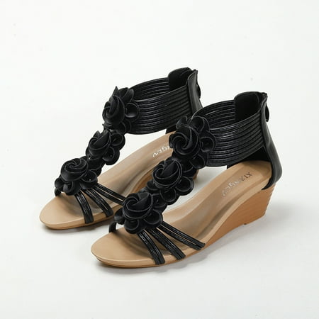 

Women‘s Flower T-strap Wedge Sandals Open Toe Back Zipper Non Slip Rome Style Sandals Casual Beach Shoes