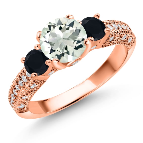 Gem Stone King 18K Rose Gold Plated Silver Green Prasiolite Black Onyx and White Moissanite Engagement Ring for Women (1.62 Cttw, Gemstone, Round 7MM and 4MM, Size 9)