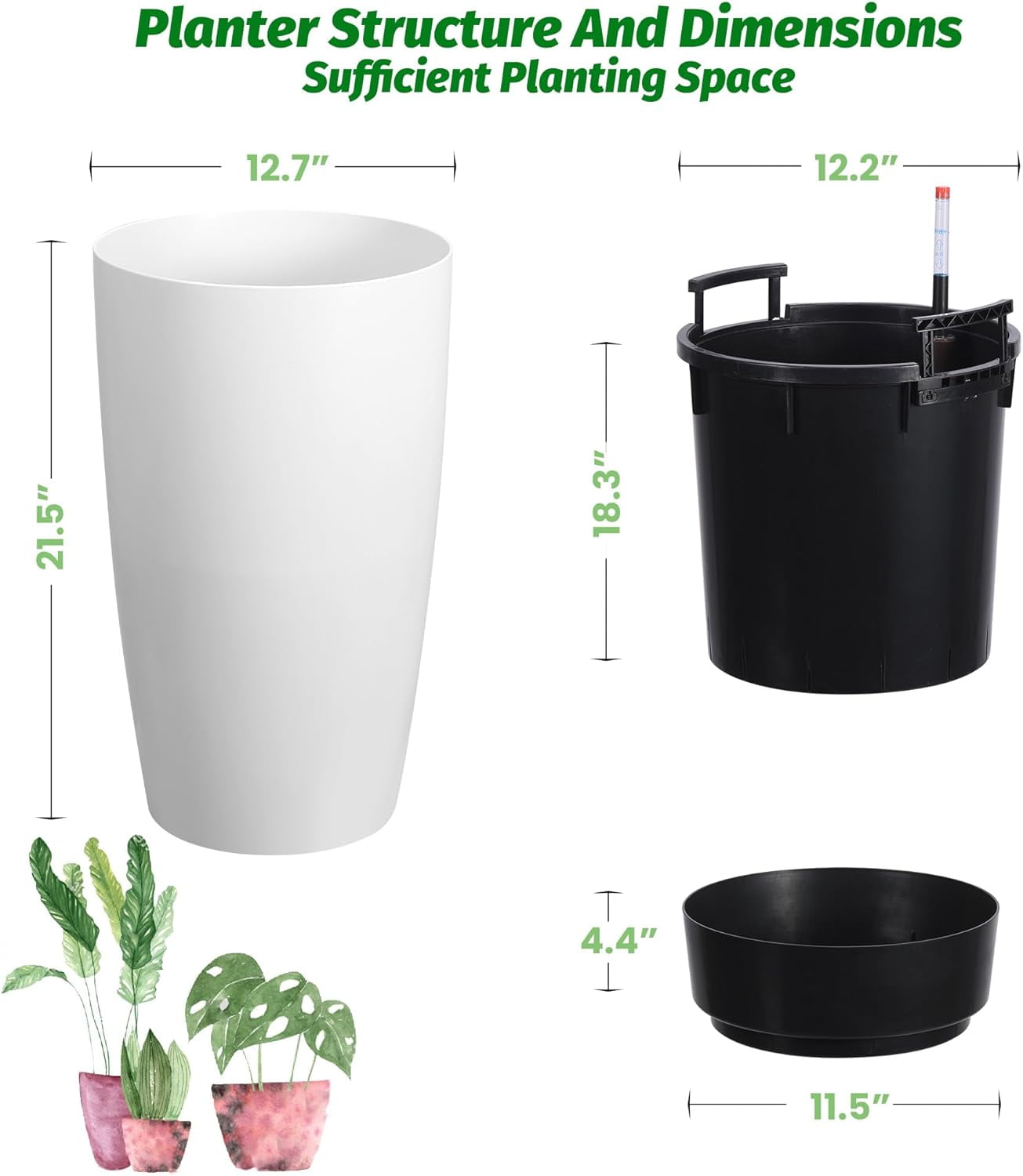 Riedhoff 21.5" Tall Round Planter Pots with Water Level Monitor, Self-Watering, 2 Count, White