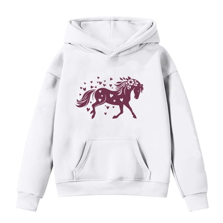 Tiweut Casual Hoodies Girls Kids Horse Print Long Sleeve Hooded Sweatshirt Loose Fit Clothes with Pocket Blouses Z1 White 13-14 Y