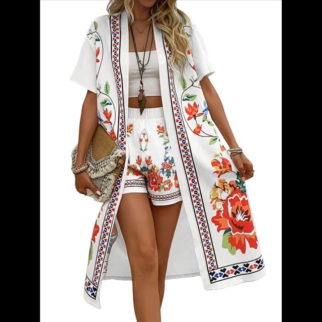 Bohemio Floral de Corta para Mujer, Talla Grande, con Abertura Frontal, Conjunto de 2 Piezas para Verano y Rojo L