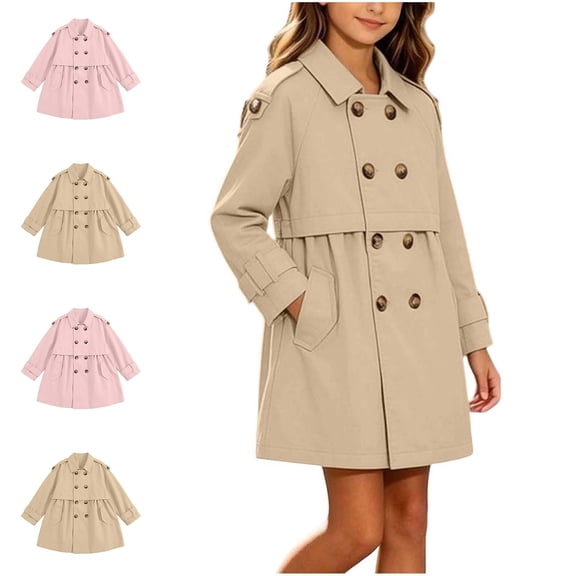 WAVSUF Girls Double Trench Coat, Windbreaker Mid Length with Pockets Fall Trendy Casual Coat Brown 7-8