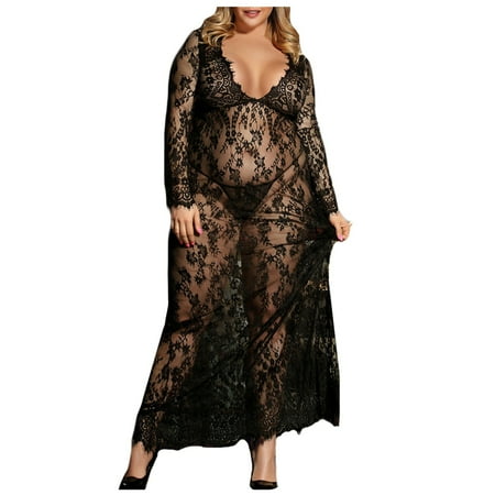 

Lingerie Pajama Sets for Women Plus Size Negligee Nightie Lace Black Long Skirt