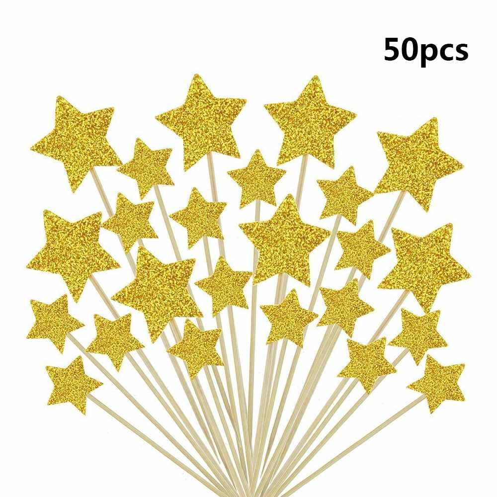 Ultnice 50 Pieces Stars Cake Topper Cover Glitter Birthday Cake Decoration Toppers Gold 