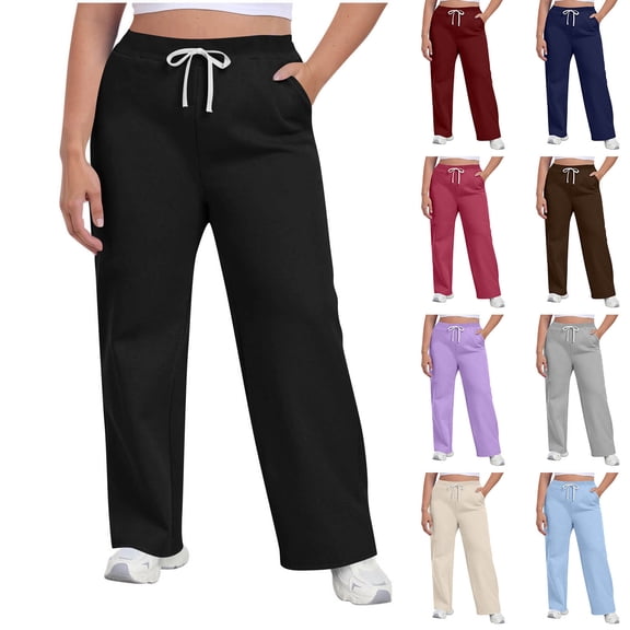 Sakmal Sweatpants Women Wide Leg Drawstring Plus Size Boyfriend Pants Beige Solid 30" Inseam Running Womens Sweatpants L