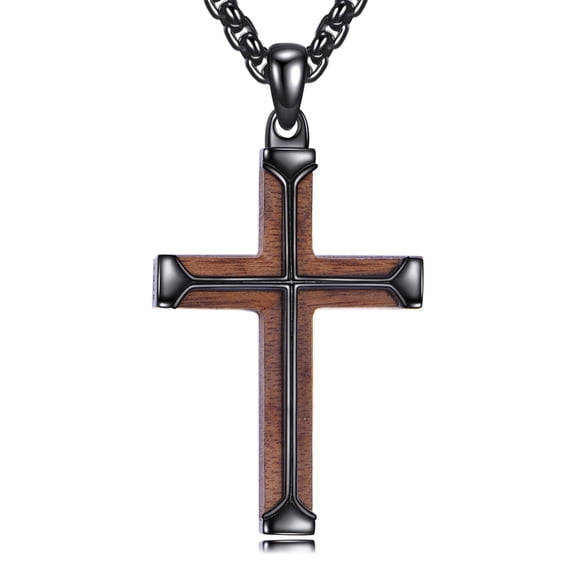 Wooden Cross Necklace for Men Sterling Silver Black Cross Pendant Necklace Christian Christmas Jewelry Gifts