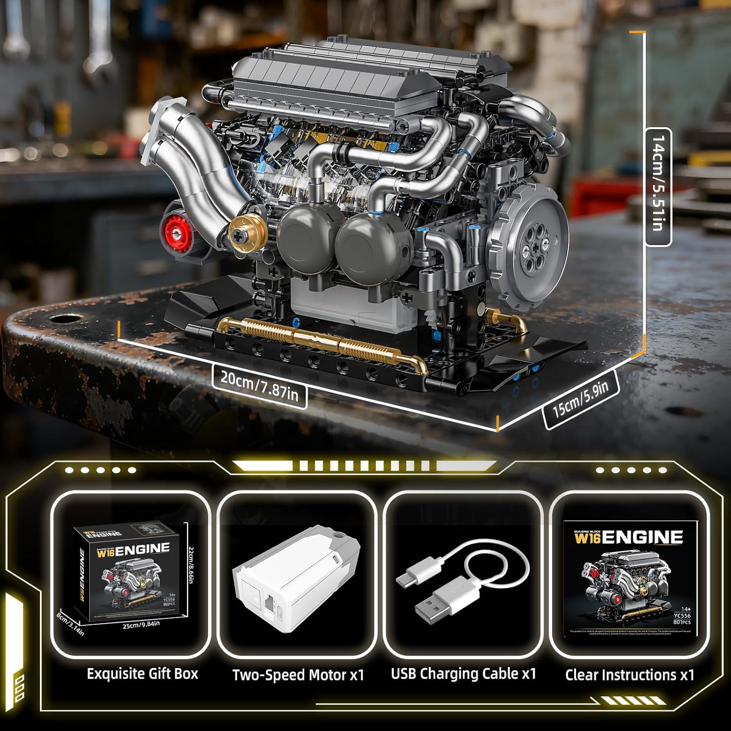 W16 Engine Building Blocks Set, STEM Mini 16-Cylinder Engine Model Kit That Runs, Compatible with Lego Car, DIY Physical Science Experiment