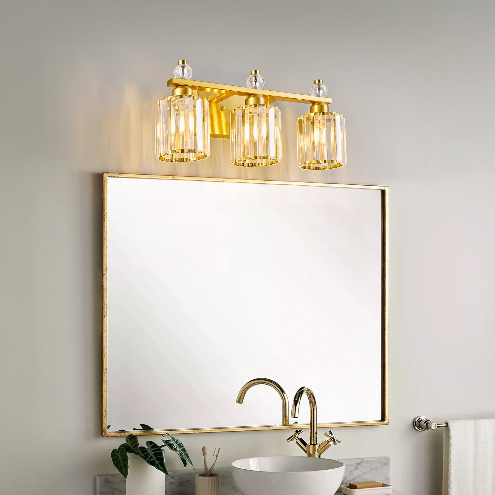 Deyidn 3-Light Gold Bathroom Light Fixtures,Modern Bathroom Vanity Lights Fixture with Clear Crystal Glass Shade, Modern Crystal 3 Lights Wall Sconce for Mirror Bedroom Living Room