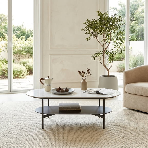 Modern Coffee Table with Sintered Stone Top and Walnut Shelf - White & Coffee Brown