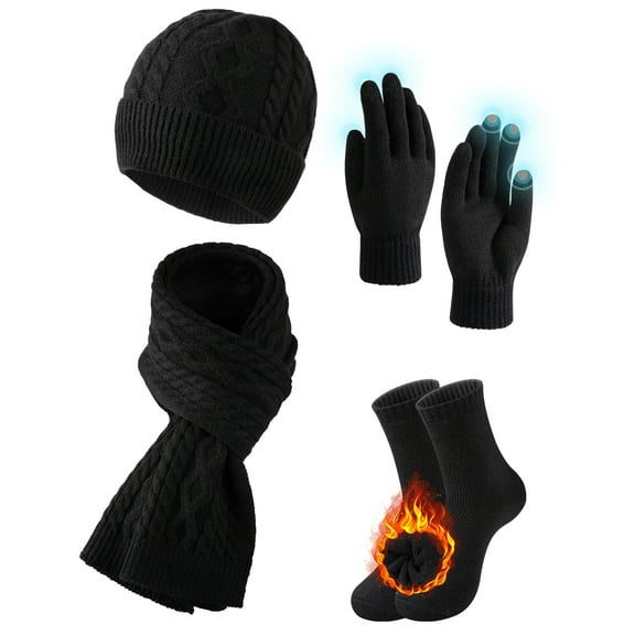 EALLCO 4 Piece Winter Warm Set Warm Knit Beanie Hat Touchscreen Gloves Cozy Thick Scarf with Thick Socks for Men