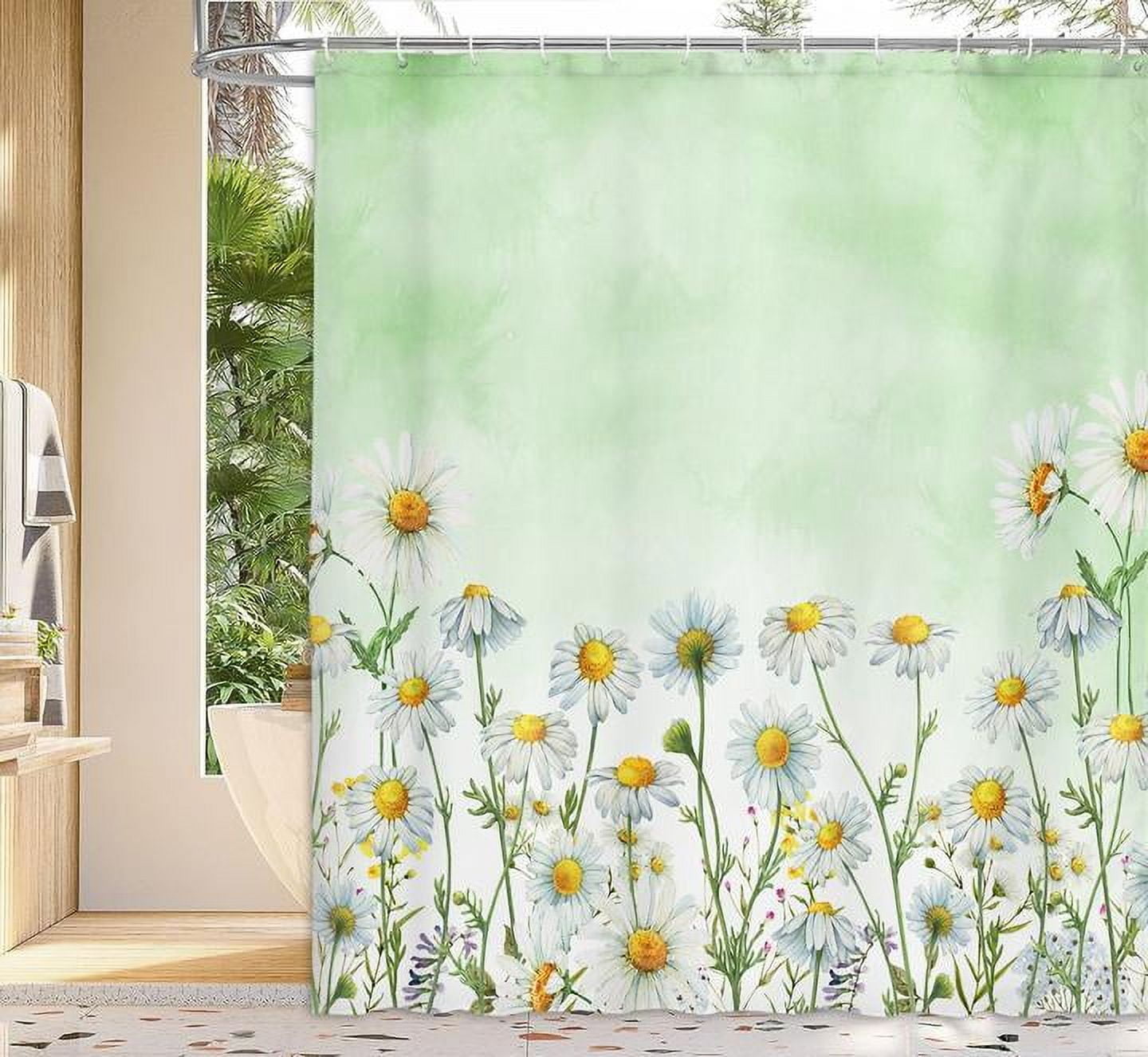 Daisy Shower Curtain, Floral Daisy Fabric Bathroom Curtains, Rustic Farmhouse Boho Shower Curtain Set, White Daisy Bathroom Shower Curtain with 12PCS Hooks, 70X70IN（Green）