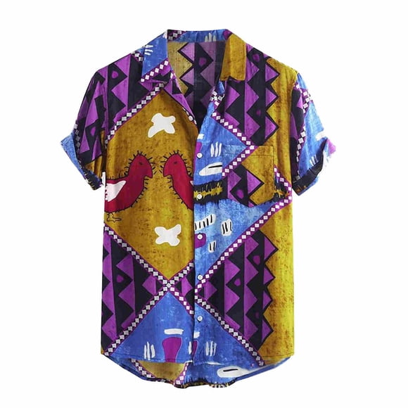 TIHLMK T-Shirts pour Hommes Mode Hommes Ethnique Manches Courtes Décontracté Imprimé Chemise Hawaïenne Blouse T-shirt