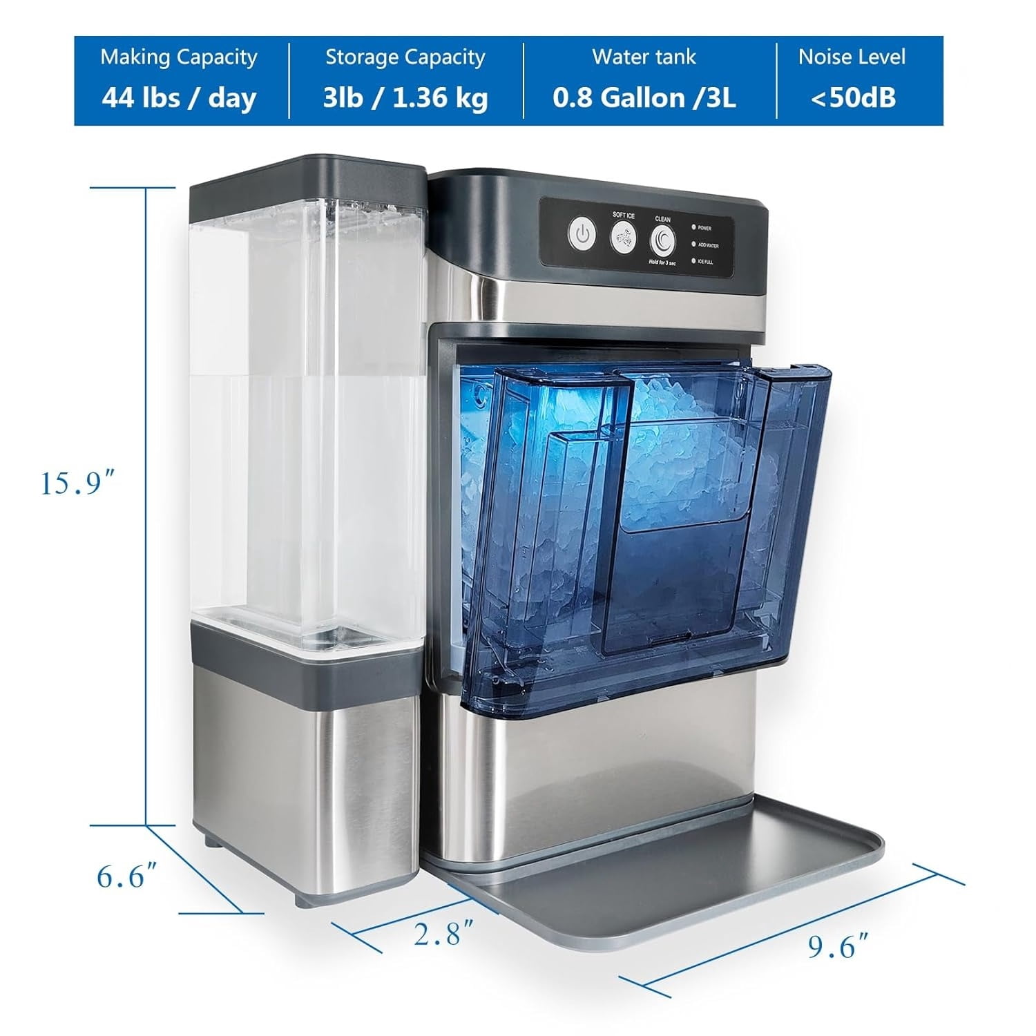 Nugget Ice Makers Countertop 42lbs/Day Large Capacity One-Click Operation Self-Cleaning Portable Ice Maker with A Detachable 3L Water Tank Scoop Included Ice Machine for Home/Kitchen/Office