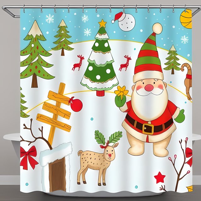 Whimsical Christmas Shower Curtain with Santa Reindeer & Scene Festive Holiday Decor