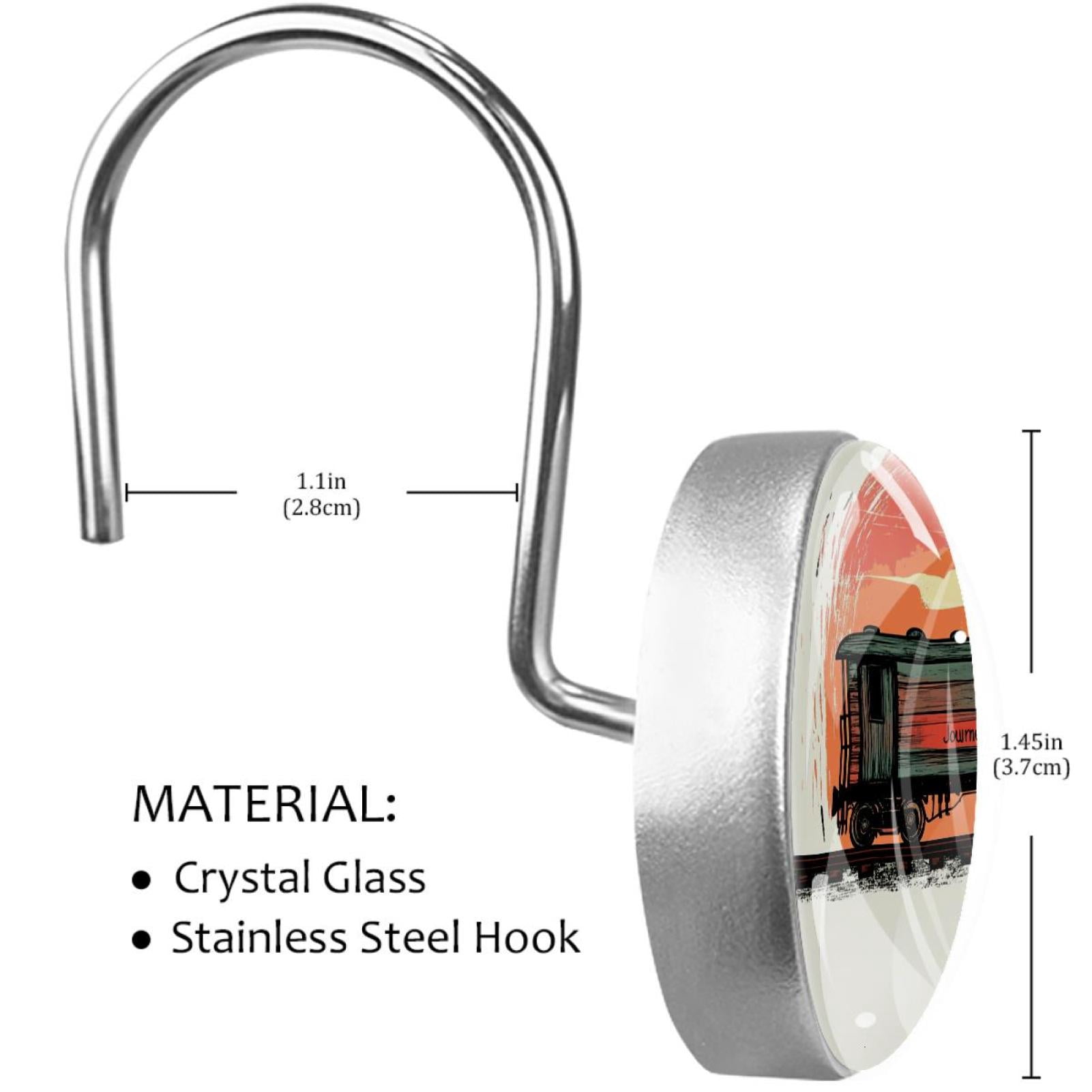 Rustic Wooden Vintage Train Shower Curtain Hooks Round Crystal Glass, Set of 12 Shower Curtain Rings - Shower Hooks for Curtain Shower Rings