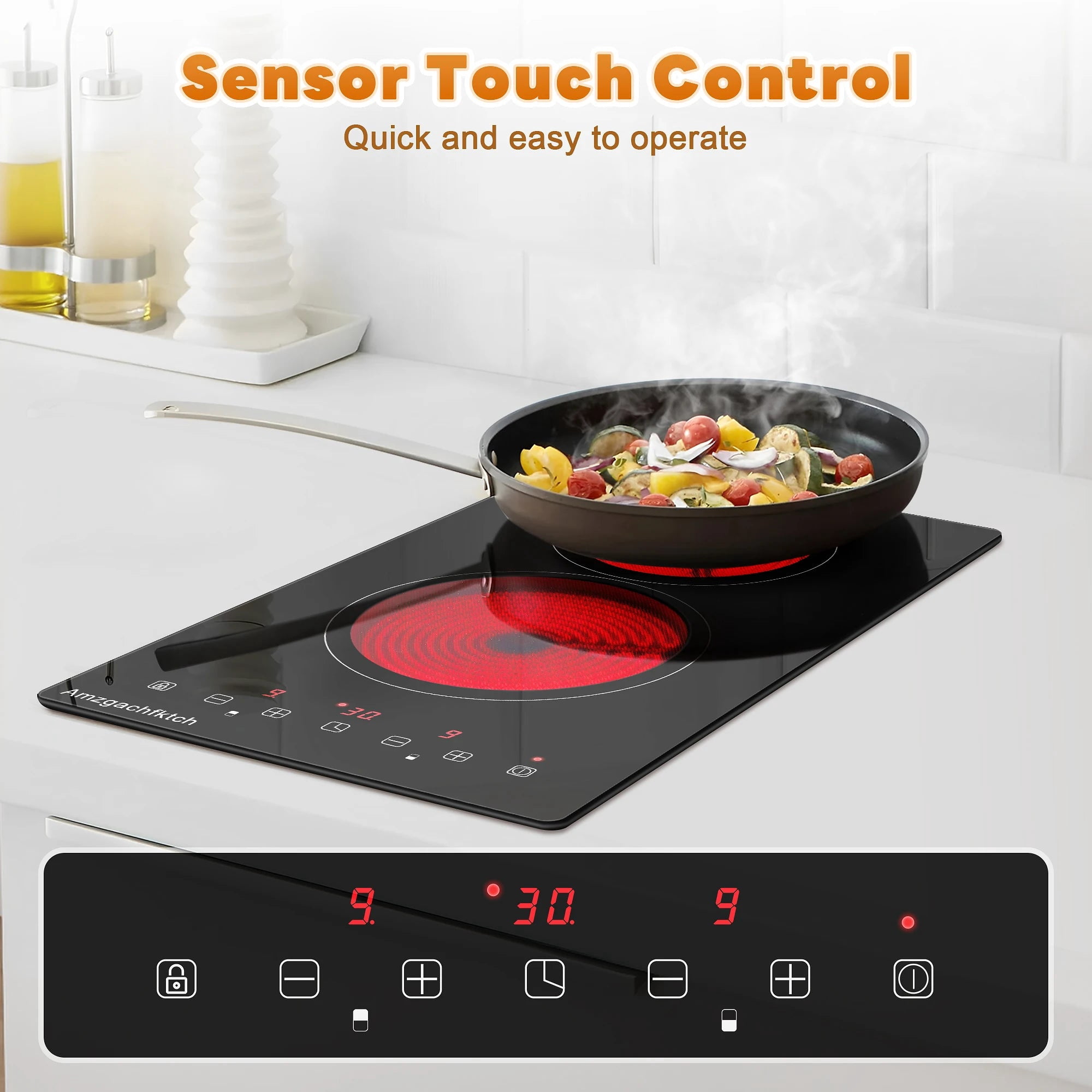 Electric Cooktop 12 inches 2-Burner, 3000W Touch Built-In Electric Stove Top, Black Glass
