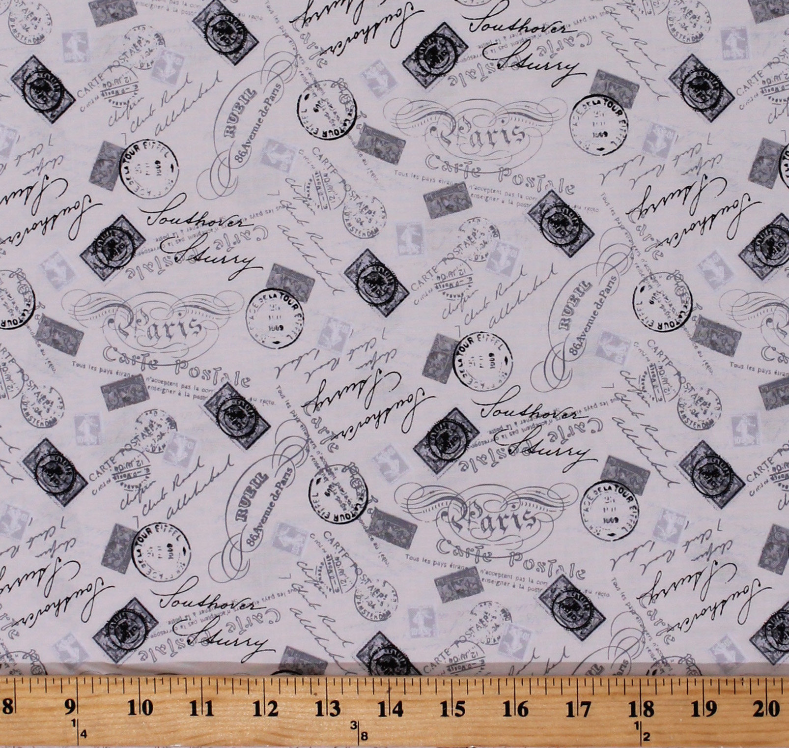 Cotton French Postcards Script Words Stamps Paris France on Cream Cotton Fabric Print by the
