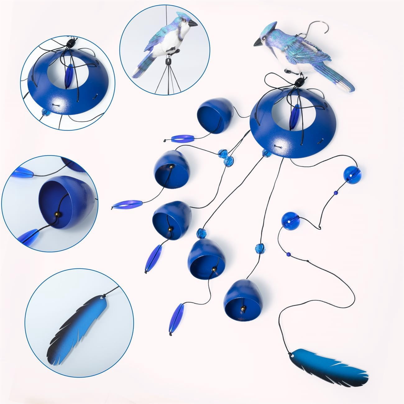 Blue Jay Bird Wind Chimes with Bells, Large Unique Birds Chimes for Garden Backyard Church Hanging Decor, 40"