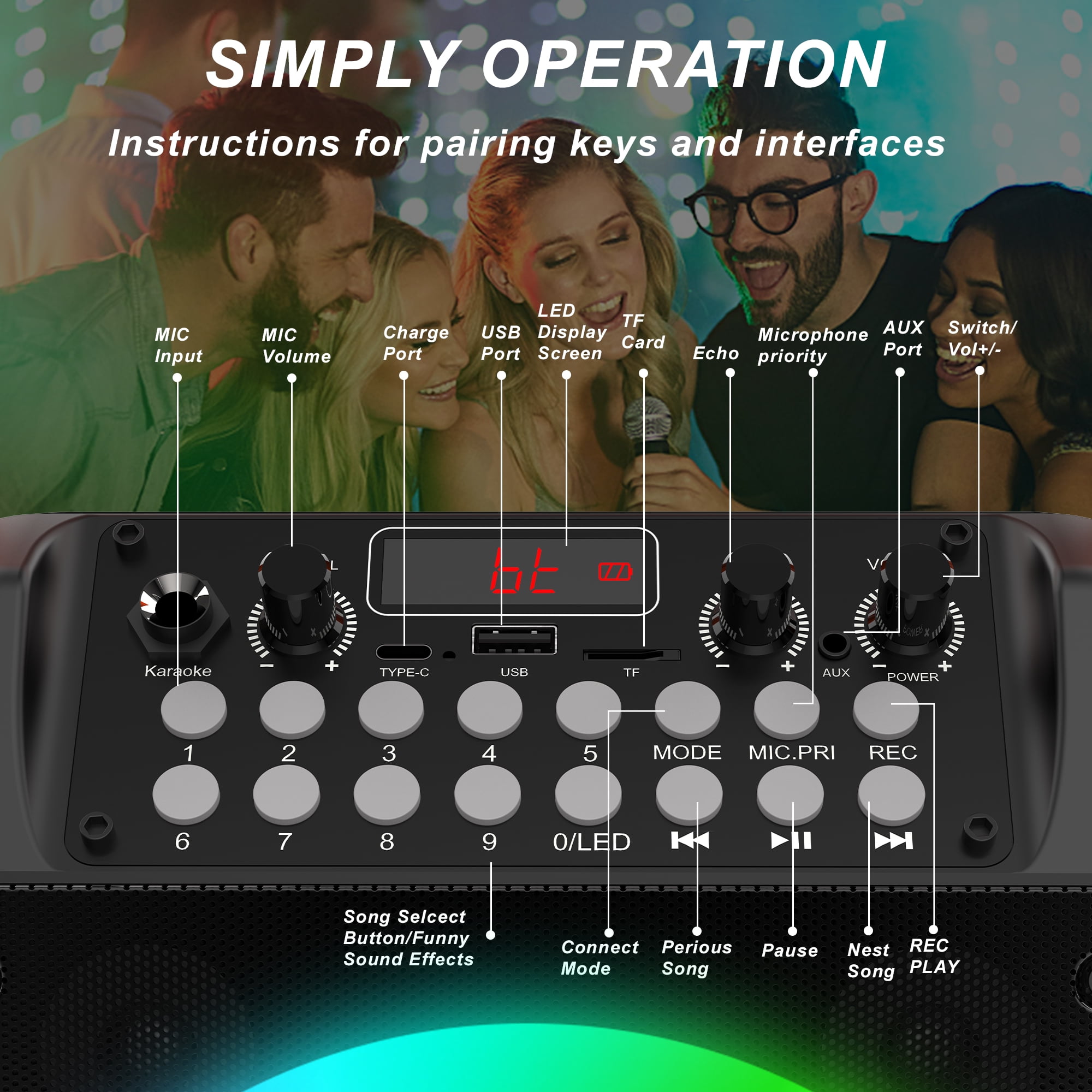 Kivdit Karaoke Machine for Kids and Adults,Portable Home Karaoke System with 2 Wireless Microphones,Bluetooth Speaker Singing Machine with RGB Lights for Party