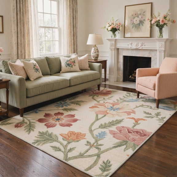 GENIMO 8'x10' Area Rug for Living Room, Large Machine Washable Non Slip Low Pile Rug for Bedroom Dining Room, Soft Floral, Dusty Beige
