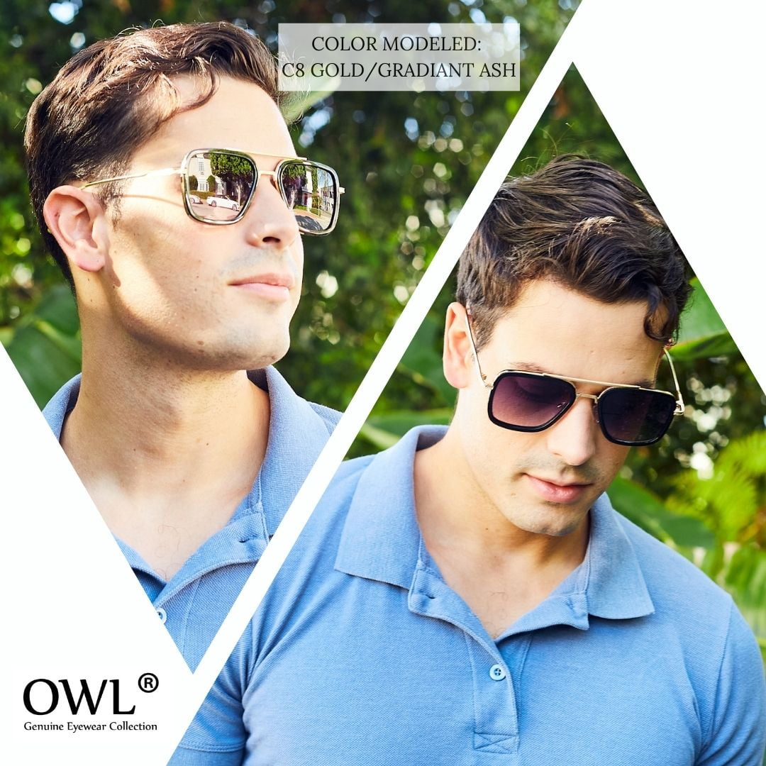 Tony Stark Aviator Sunglasses - Gold & Black Frame / Clear Lens
