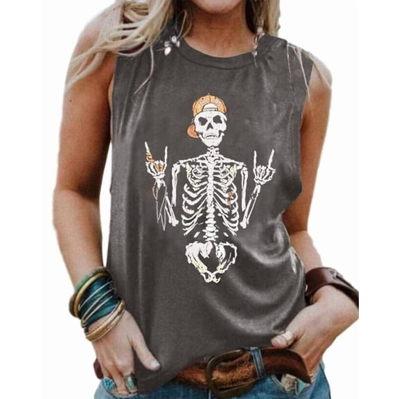 Womens Funny Skull Graphic Tank Tops Summer High Neck Sleeveless Workout Tee Shirts