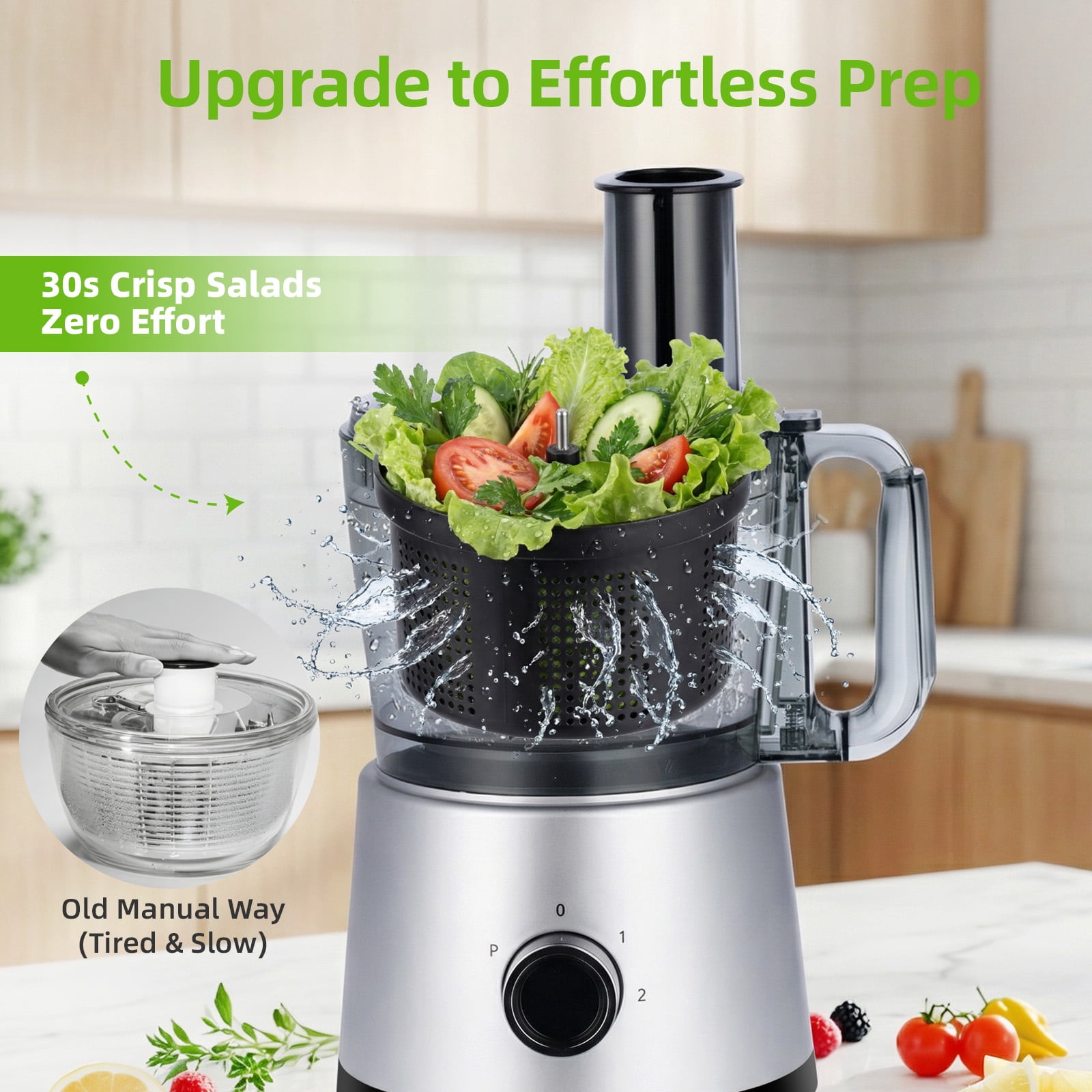 RUIE 12 Cup Food Processor with Salad Spinner for Chop, Puree, Slice, Shred and Knead Dough,Suitable for Cheese, Meat and Veggie Prep,Silver