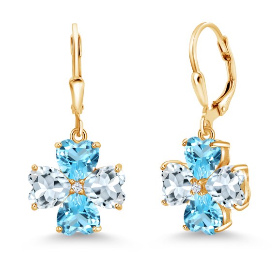 Gem Stone King 18K Yellow Gold Plated Silver Sky Blue Aquamarine and Swiss Blue Topaz Dangle Earrings for Women (6.74 Cttw, Gemstone March Birthstone, Heart Shape 6MM)
