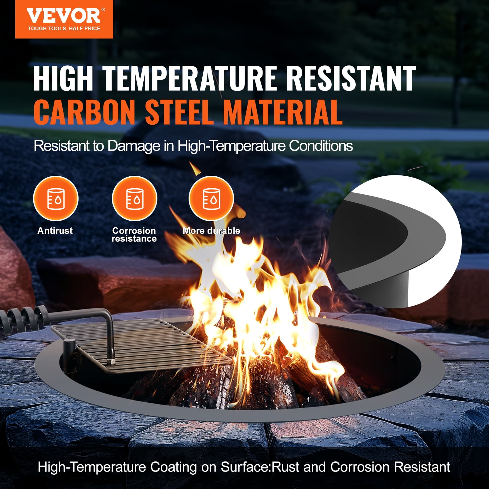 VEVOR Fire Pit Ring, Fire Pit Insert with Barbecue Fire Ring, 35-In Outer/31-In Inner Diameter, 8.5in Height, Carbon Steel Liner DIY Campfire Ring above/In-Ground, for Outdoor Camping, Bonfires