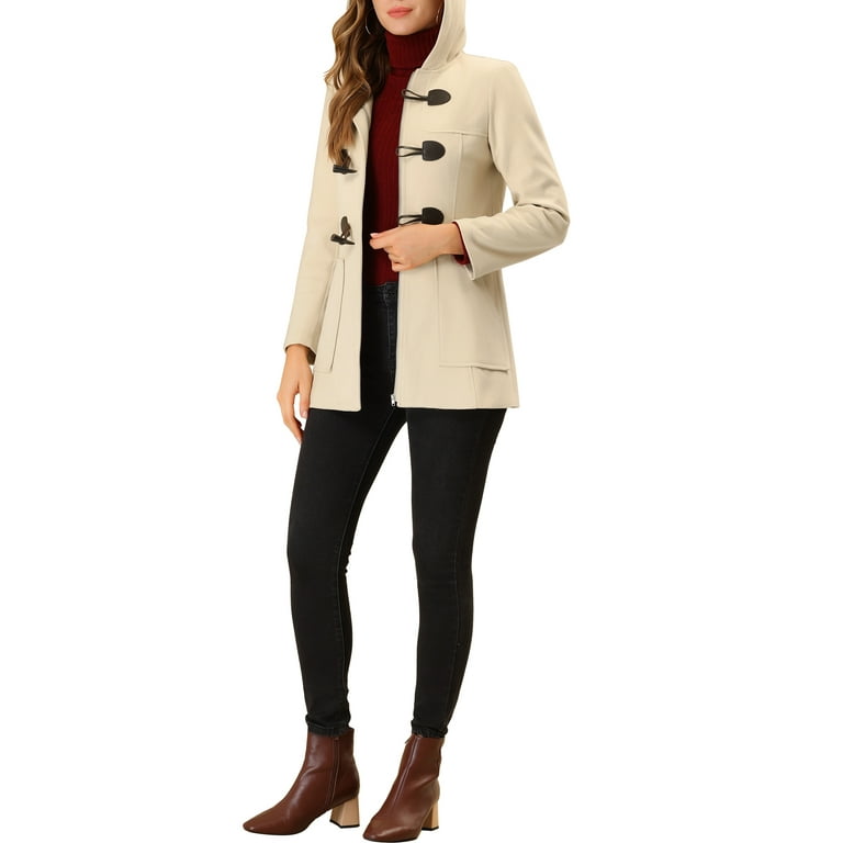 Unique Bargains Women s Toggle Duffle Coat Hoodie Zipper Winter Overcoat Jacket XS Beige