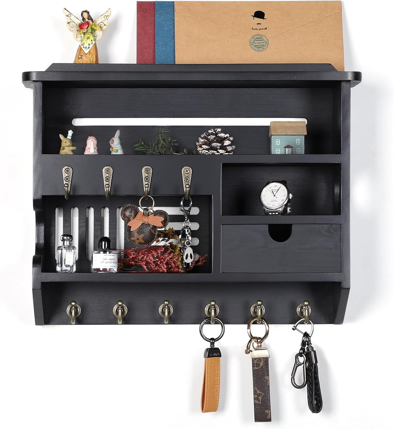 Key Holder for Wall, Mail and Key Holder, Mail Organizer Wall Mount with Storage Drawer and 10 Hooks, Easy Installation Key Holder for Home Decor, White