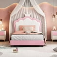 thumbnail image 2 of PU Leather Upholstered Platform Bed, Twin Size Wood Bed Frame with Crown-Shaped Headboard, Cute Platform Bed with Slats for Girls Boys, White+Pink, 2 of 7
