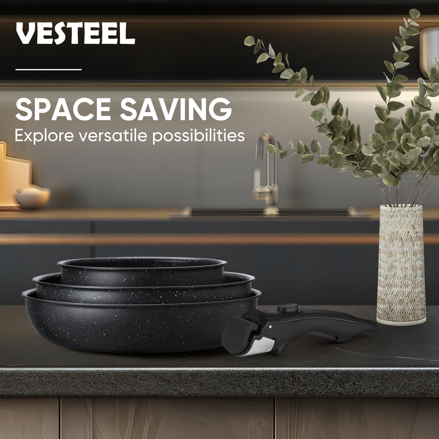 Vesteel 18Pcs Pots and Pans Set, Nonstick Cookware Set with Detachable Handles, Stackable Kitchen Cooking Set with Silicone Utensils Set, Induction Compatible & Oven Safe - Black