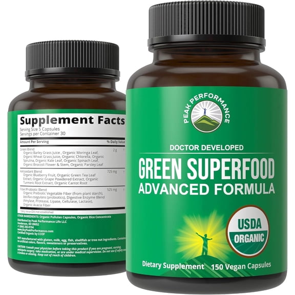 Organic Super Greens 150 Capsules - Green Juice Superfood Supplement with 25 All Natural Organic Ingredients. Max Energy and Detox Super Food Pills with Spirulina, Spinach, Kale, Turmeric, Probiotics