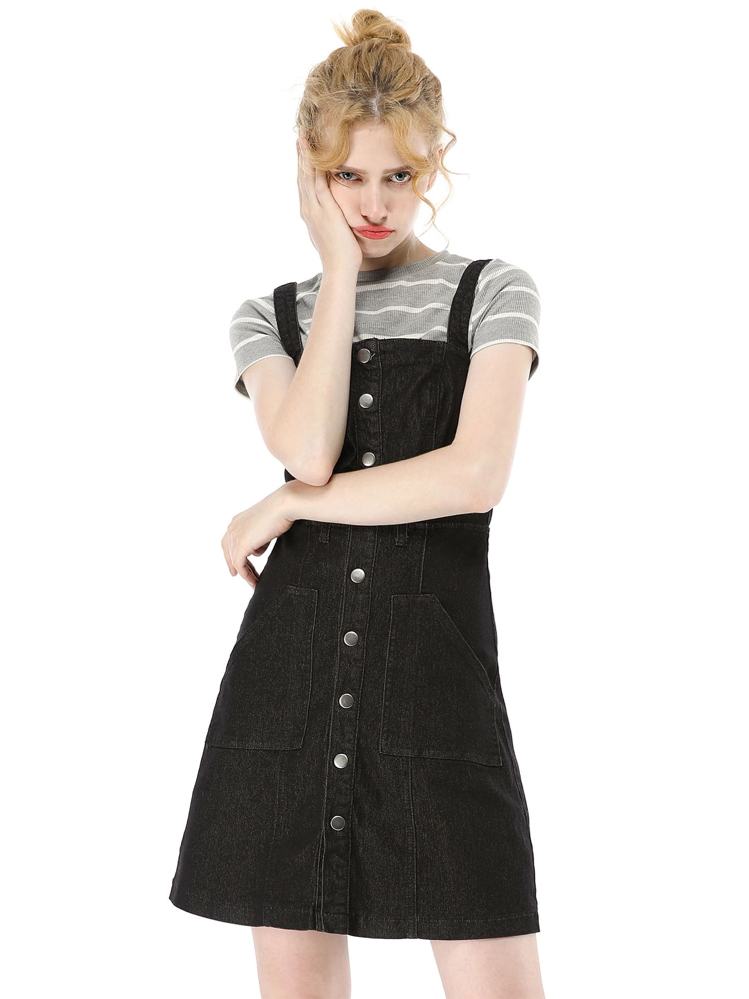 Unique Bargains Junior's Adjustable Strap a-Line Overall Denim Dress