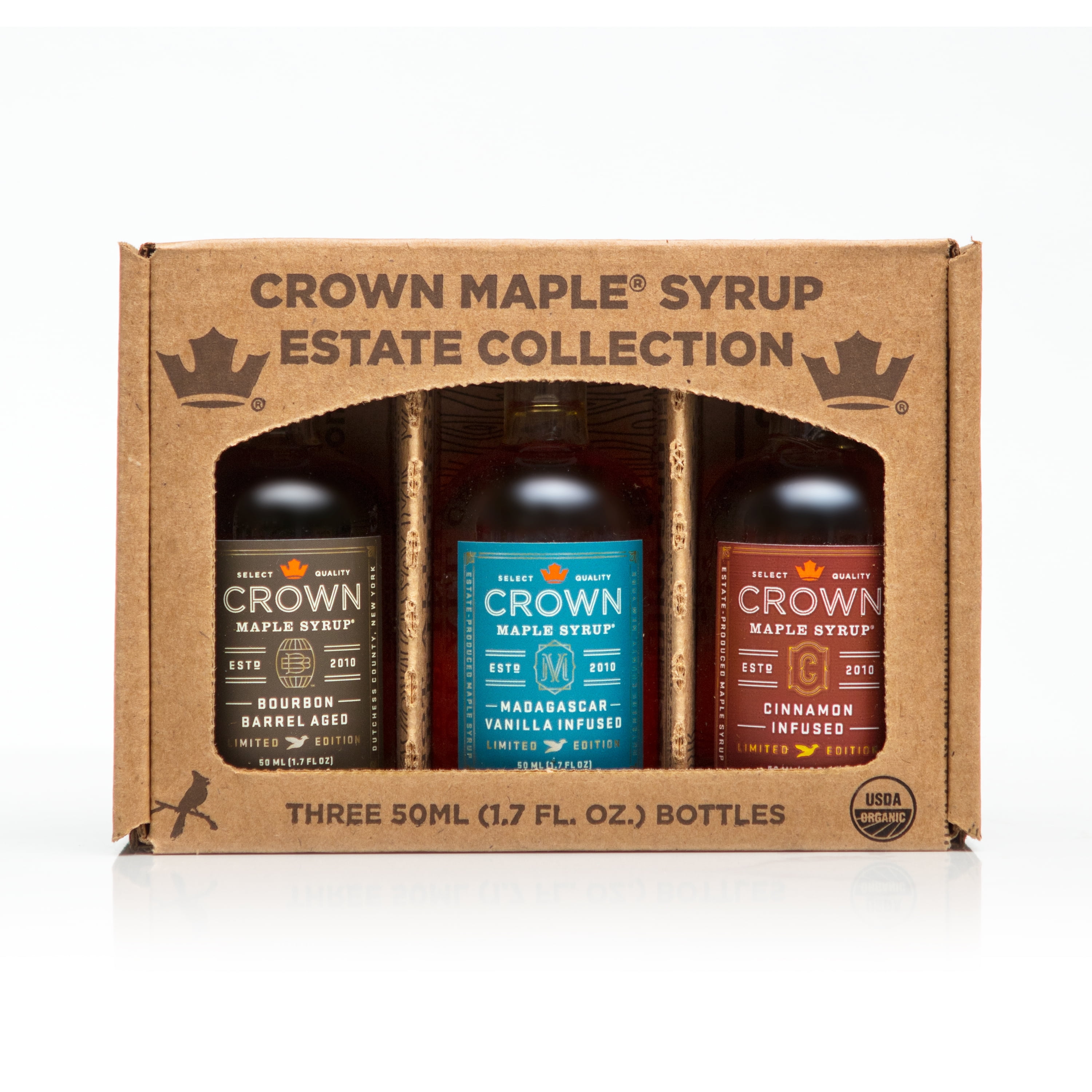 Crown Maple Premium Organic Maple Syrup Trio Collection in Window Box with 3-1.7 fl. oz. Bottles Featuring Bourbon Barrel Aged, Madagascar Vanilla Infused, and Cinnamon Infused Organic Maple Syrups