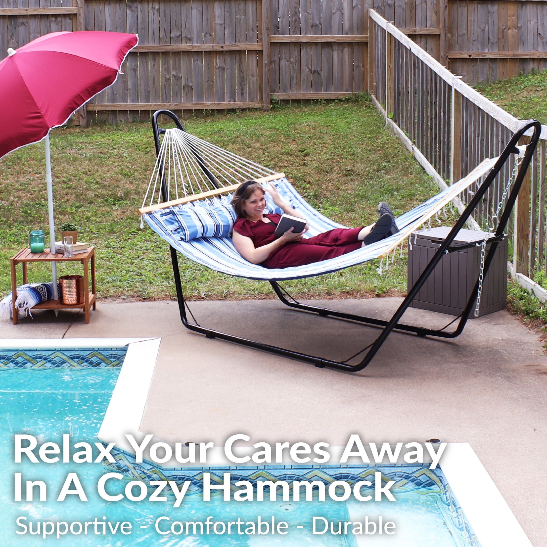 Sunnydaze 2-Person Quilted Polyester Spreader Bar Hammock with Stand, 450 lb Capacity - Misty Beach