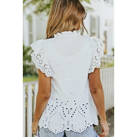 GCKG Women s White Perforating Pattern Ruffled Sleeves Sheer Babydoll Top (US 8-10)M