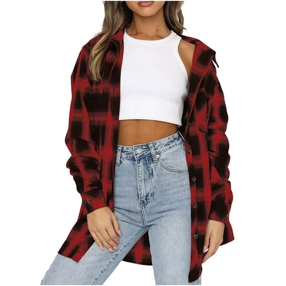 Savings Clearance 2025! asdoklhq Clearance Coats for Women Plus Size Women's Spring And Autumn Lapel Top Loose Casual Buttoned Long Sleeve Plaid Shirt Jacket