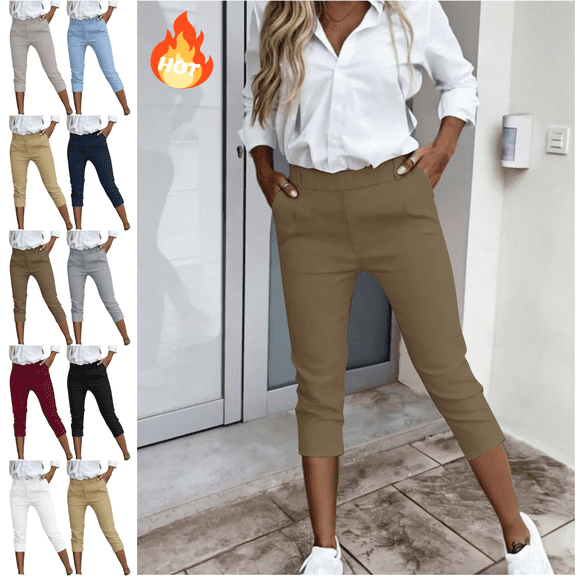 Mifsaly Slim Fit Dressy Capri Pants for Women High Waist Cropped Pant Business Casual Work office Stretchy Trousers with Pockets XXL