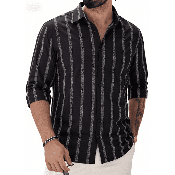 Puztloy Men's Dress Shirts Long Sleeves Button Up Casual Fit Striped Shirts with Pocket for Work Business,2025 Fall