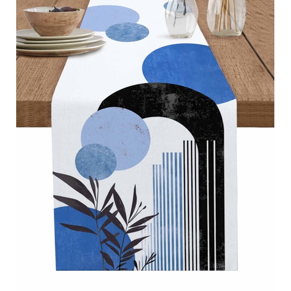 ERUNPONLY Boho Middle Century Table Runner - 108 Inch Long Abstract Blue Geometric Botanical Cotton and Linen Blended Dress Scarves Farmhouse Table Runner for Kitchen Dining, Coffee Table, 13"x108"