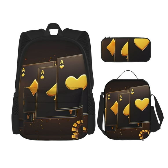 Disketp Casino Playing Cards Mochila Estampada de Gran Capacidad con Lonchera y Estuche, Set de 3 Piezas para Estudiantes